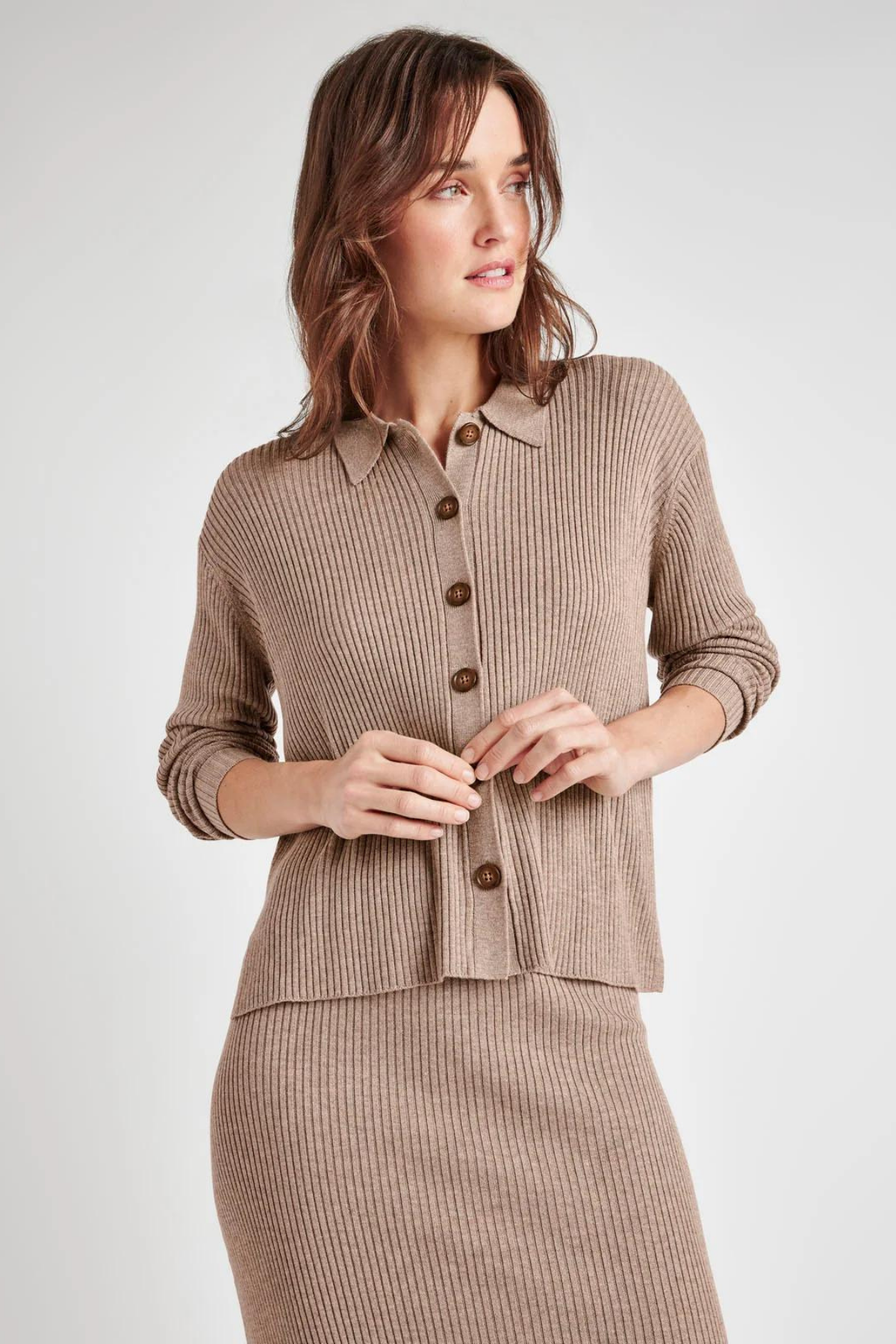 Splendid Georgie Polo Button Down Cardigan Tawny Heather